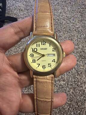 Consort Quartz Gold Tone Day-Date Watch with Brown Croc-Pattern Leather Strap